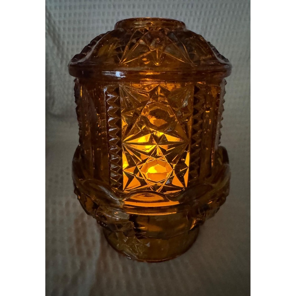 Vintage Indiana Amber Glass‎ Large Fairy Lamp Stars & Bars 1970's MINT